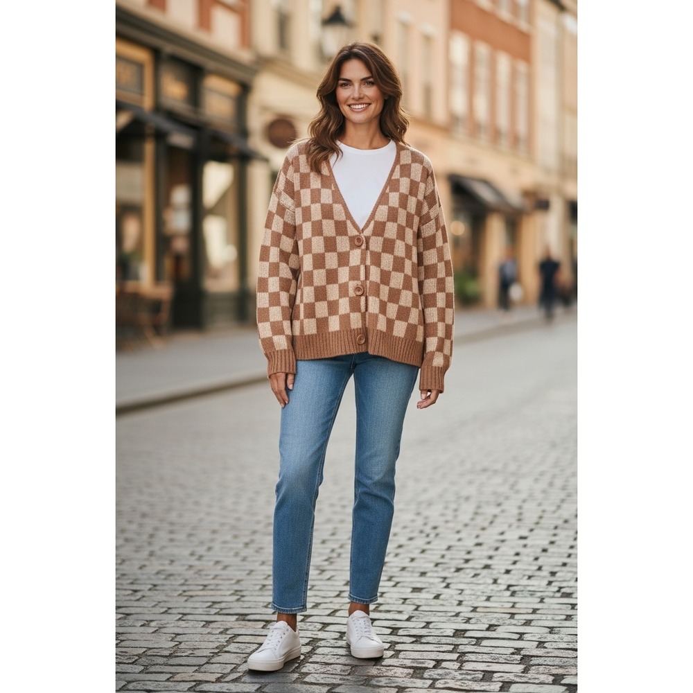 NWT TIMING Brown Beige Checkerboard Knit Cardigan Sweater Women's, Size S